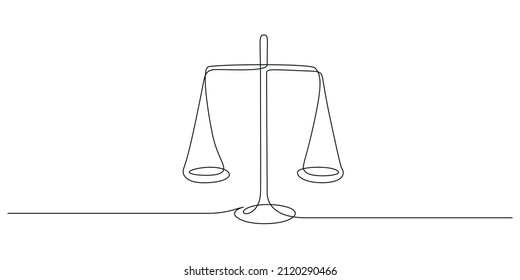 One continuous line drawing of law balance and scale of justice. Symbol and logo of equality and outline concept court in simple linear style. Libra icon. Doodle vector illustration