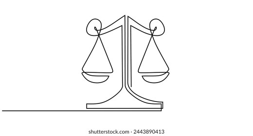 One continuous line drawing of law balance and scale of justice