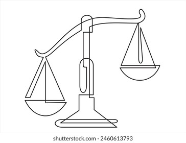 One continuous line drawing of law balance and scale of justice. Symbol and logo of equality and outline concept court in simple linear style. Libra icon. Doodle vector illustration