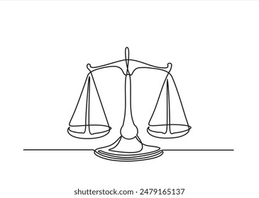 One continuous line drawing of law balance and scale of justice. Symbol of equality and equilibrium concept and logo firm in simple linear style. Libra thin icon. Doodle vector illustration