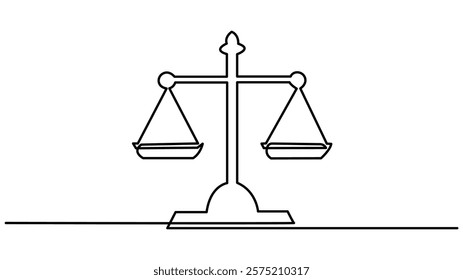 One continuous line drawing of law balance and scale of justice. Symbol of equality and concept, One continuous single line of court legal scales isolated Vector law business symbol of weight balance