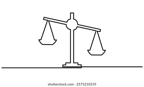 One continuous line drawing of law balance and scale of justice. Symbol of equality and concept, One continuous single line of court legal scales isolated Vector law business symbol of weight balance