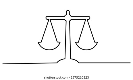 One continuous line drawing of law balance and scale of justice. Symbol of equality and concept, One continuous single line of court legal scales isolated Vector law business symbol of weight balance