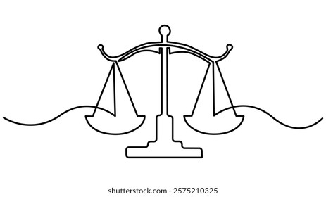 One continuous line drawing of law balance and scale of justice. Symbol of equality and concept, One continuous single line of court legal scales isolated Vector law business symbol of weight balance