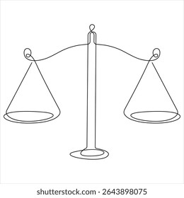 Um desenho de linha contínua da Escala de Equilíbrio de Lei e da Escala de Justiça ilustração vetor de arte de linha minimalista
