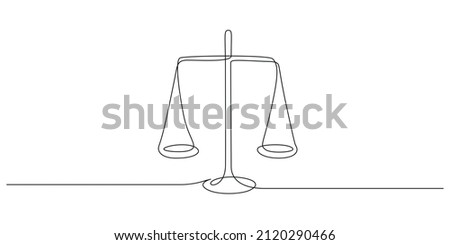 One continuous line drawing of law balance and scale of justice. Symbol and logo of equality and outline concept court in simple linear style. Libra icon. Doodle vector illustration