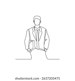 One continuous line drawing of a Lawyer in formal suit vector design illustration. Justice themes design in simple linear style concept. Suitable for your asset design and educational purpose.