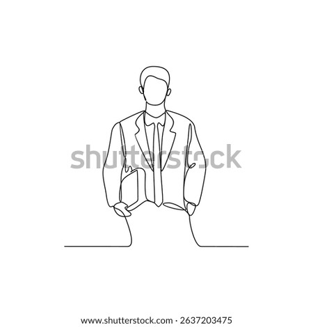 One continuous line drawing of a Lawyer in formal suit vector design illustration. Justice themes design in simple linear style concept. Suitable for your asset design and educational purpose.