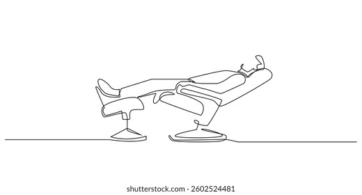 one continuous line drawing of a lazy chair.one line drawing of a man lying on a lazy chair,enjoying his holiday.single line vector illustration.isolated on white background