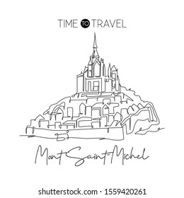 One continuous line drawing Le Mont Saint Michel landmark. World iconic place in Normandy, France. Holiday vacation wall decor poster print concept. Modern single line draw design vector illustration