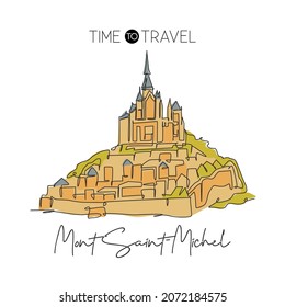 One continuous line drawing Le Mont Saint Michel landmark. World iconic place in Normandy, France. Holiday vacation wall decor poster print concept. Modern single line draw design vector illustration