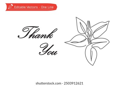 One continuous line drawing of leaf plant with blooming flower and thank you letter for flora theme greeting card. Vector illustration of one line blooming leaf plant and floral theme thank you letter