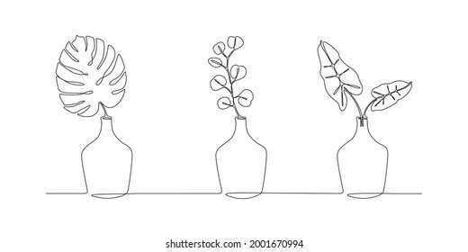 One continuous line drawing of leaves plants in vases. Stylish scandinavian house flowers in simple linear style. Editable stroke Vector illustration