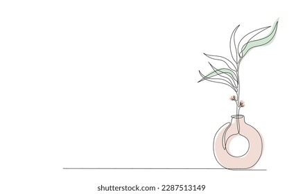 One continuous line drawing of leaves plants in vase. Single line colored drawing in Scandinavian line art style. Editable stroke outline silhouette of beautiful flower. Modern Vector with leave