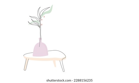 Una línea continua de dibujo de hojas planta en jarrón sobre mesa con formas de color. Dibujo creativo minimalista pintado a mano con jarrón decorativo, flor, rama y hojas. Esbozo de línea dibujado a mano del vector