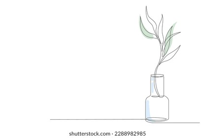 One continuous line drawing of leaves plant in vase, bottle. Creative minimalist hand painted drawing with decorative vase, flower, branch and leaves. Vector hand drawing sketch line illustration