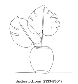 One continuous line drawing of leaves plant in vase.