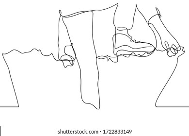 Un dibujo continuo de las piernas y brazos de una persona trepando sobre una red de púas. El concepto de superar los obstáculos, la lucha con las dificultades, trepar sobre una pared (red)
