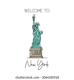 One continuous line drawing to Liberty Statue. Historical iconic place in New York, USA. Holiday vacation home decor wall art poster print concept. Modern single line draw design vector illustration