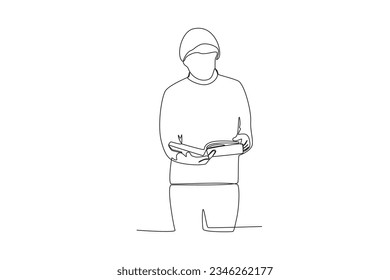 One continuous line drawing of a library female customer is reading a book
