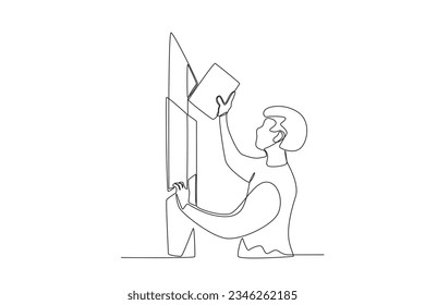 One continuous line drawing of a library patrons return books to bookshelves
