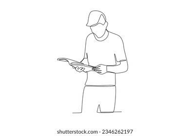 One continuous line drawing of a library male customer is reading a book
