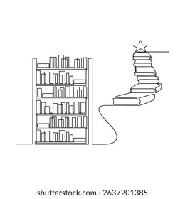 One continuous line drawing of a Library with bookshelves flowing into a ladder of progress vector illustration. National development themes design in simple linear concept. Suitable for your asset.