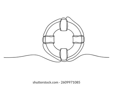 One continuous line drawing of a lifebuoy in a minimalist vector style symbolizing safety and water rescue