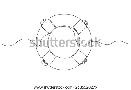 One continuous line drawing of Lifebuoy. Rescue belt and rubber ring with rope in simple linear style. Lifebuoy One-Line Drawing for Safety and Support
