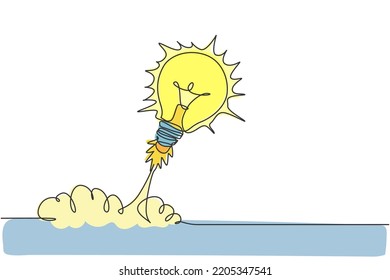 One continuous line drawing of light bulb ready to take off to space logo emblem. Smart bright launch program logotype icon template concept. Modern single line draw graphic design vector illustration