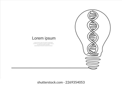 One continuous line drawing of  light bulb idea and DNA inside, Chemistry and science education concept. Can used for logo, emblem, slide show and banner. Illustration with quote template