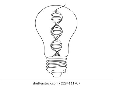 One continuous line drawing of light bulb idea and DNA inside, Chemistry and science education concept. Can used for logo, emblem, slide show and banner.