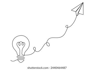 One continuous line drawing of light bulb and paper plane vector illustration.