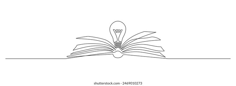 One continuous line drawing of light bulb above book. Knowledge and creative idea symbol in simple linear style. Reading and writing concept in editable stroke. Doodle vector illustration