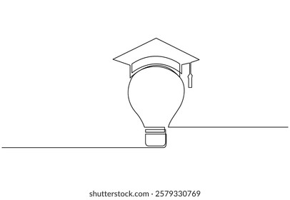 One continuous line drawing of Light Bulb with Graduation Hat, Continuous single one line sketch drawing of bulb lamp idea graduation student college hat cap education vector illustration.