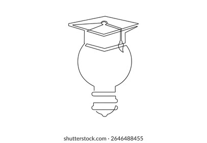 One continuous line drawing of Light Bulb with Graduation Hat.  Light bulb lamp symbol of smart and innovative, Smart education academy logotype icon template concept. 