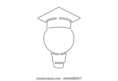 One continuous line drawing of Light Bulb with Graduation Hat.  Light bulb lamp symbol of smart and innovative, Smart education academy logotype icon template concept. 