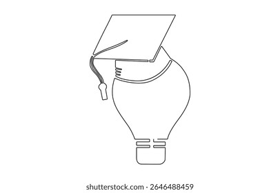 One continuous line drawing of Light Bulb with Graduation Hat.  Light bulb lamp symbol of smart and innovative, Smart education academy logotype icon template concept. 