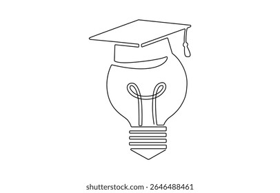 One continuous line drawing of Light Bulb with Graduation Hat.  Light bulb lamp symbol of smart and innovative, Smart education academy logotype icon template concept. 
