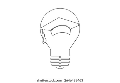 One continuous line drawing of Light Bulb with Graduation Hat.  Light bulb lamp symbol of smart and innovative, Smart education academy logotype icon template concept. 