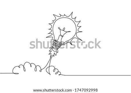 One continuous line drawing of light bulb ready to take off to space logo emblem. Smart bright launch program logotype icon template concept. Modern single line draw graphic design vector illustration