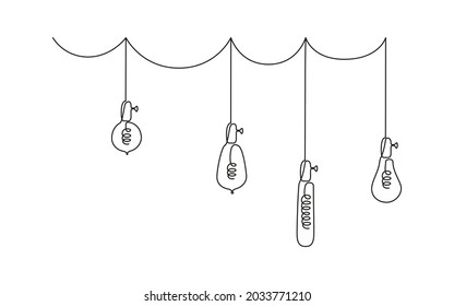 Eine durchgehende Zeichnung von Glühbirnen. Vektorgrafik von Hanging Loft Pendant Electric Lampen mit Edison Glühbirnen im Doodle-Stil