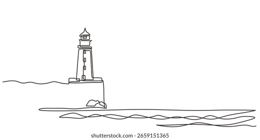 Un dibujo de línea continua de un faro junto al mar. Símbolo de orientación, seguridad y dirección. Ilustración vectorial minimalista con trazo editable.