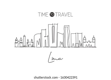 One continuous line drawing of Lima city skyline, Peru. Beautiful landmark postcard. World landscape tourism and travel vacation. Editable stylish stroke single line draw design vector illustration