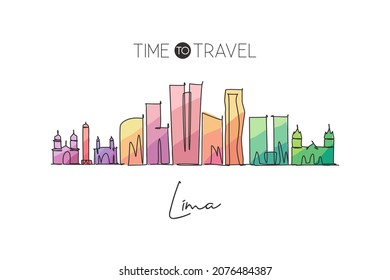 One continuous line drawing of Lima city skyline, Peru. Beautiful landmark postcard. World landscape tourism and travel vacation. Editable stylish stroke single line draw design vector illustration