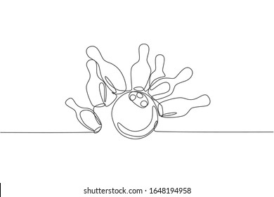 One Continuous Line Drawing Lined Up Bowling Pins Falling Apart Hit By Ball At Bowling Lane. Healthy Sport And Lifestyle Activity Concept. Dynamic Single Line Draw Design Vector Graphic Illustration