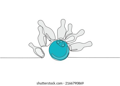 One Continuous Line Drawing Lined Up Bowling Pins Falling Apart Hit By Ball At Bowling Lane. Healthy Sport And Lifestyle Activity Concept. Dynamic Single Line Draw Design Vector Graphic Illustration