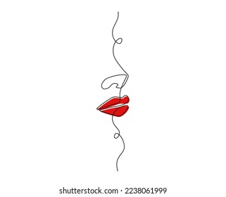 One continuous line drawing of lips with red lipstick. Abstract face portrait of makeup in simple linear style. Mascot icon for posters, cards, banner, template, web. Doodle vector illustration