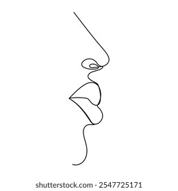 One continuous line drawing of lips with red lipstick. Abstract face portrait of makeup in simple linear style. Symbol icon for posters, cards, banner, template, web. Doodle vector illustration