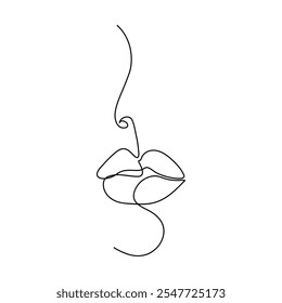 Um desenho de linha contínua de lábios com batom vermelho. Retrato de rosto abstrato da maquiagem em estilo linear simples. Ícone de símbolo para cartazes, cartões, banner, modelo, web. Ilustração de vetor de rabiscar